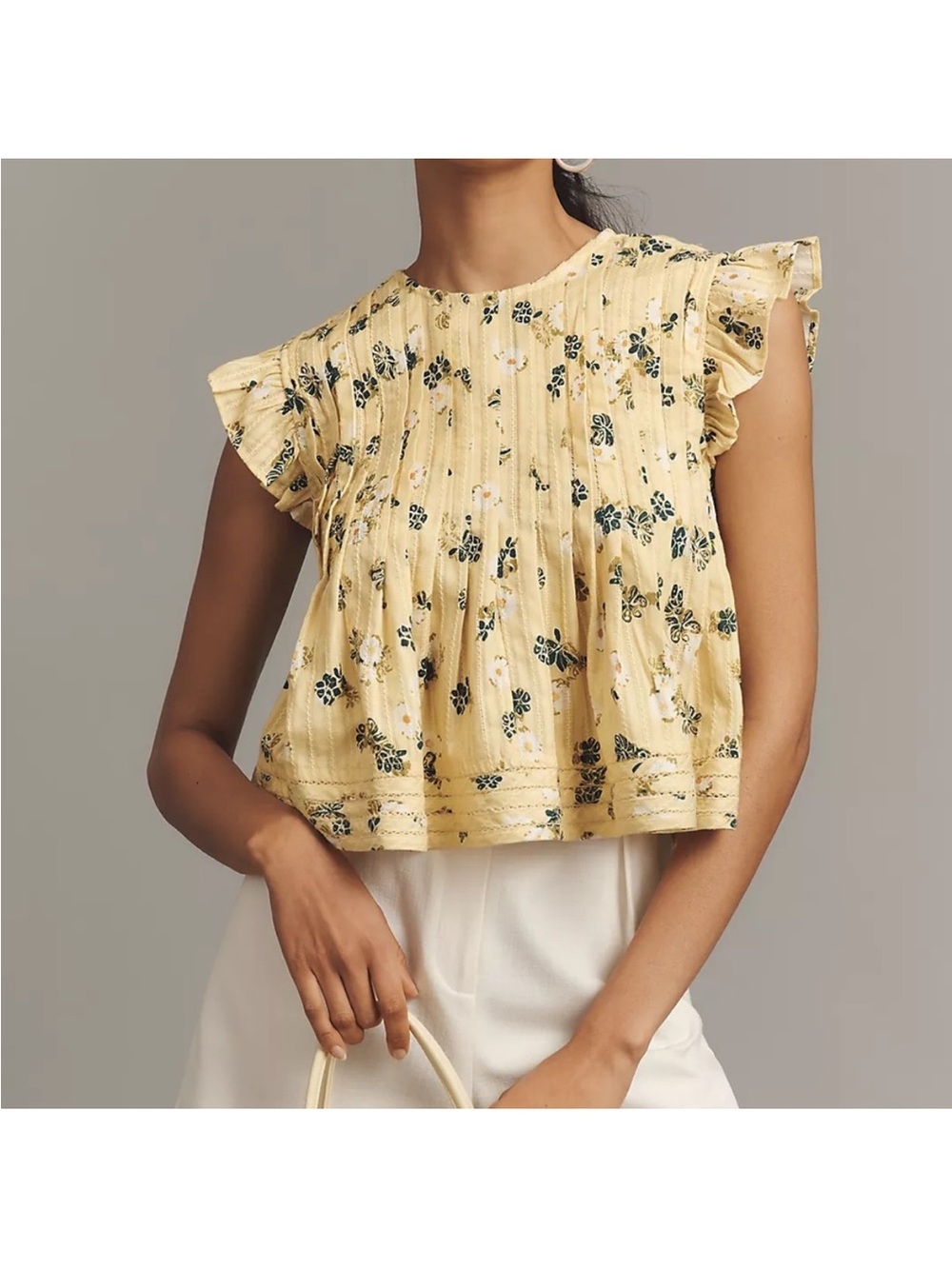 Pilcro Yellow Floral Pintuck Ruffle Crop Top